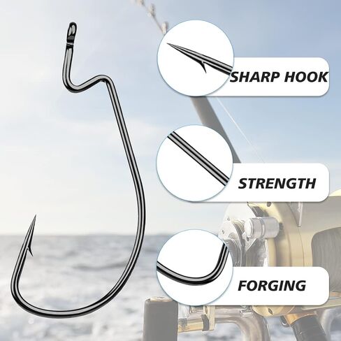 50pcs Fishing Hooks for Freshwater Saltwater, EWG Offset Wide Gap Worm Hooks Circle Hooks for Bass Fishing, 5 Sizes High Carbon Steel Fish Hooks 1# 2# 1/0 2/0 3/0, Fish Gear Equipment Supplies in Saudi Arabia