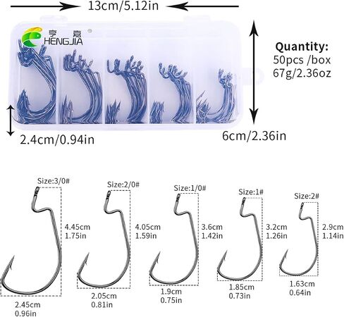 50pcs Fishing Hooks for Freshwater Saltwater, EWG Offset Wide Gap Worm Hooks Circle Hooks for Bass Fishing, 5 Sizes High Carbon Steel Fish Hooks 1# 2# 1/0 2/0 3/0, Fish Gear Equipment Supplies in Saudi Arabia
