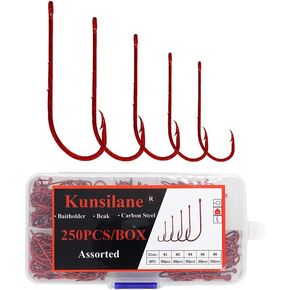 Kunsilane 250/300 قطعة خطاف Baitholder مع خطاف شائك أوفست يطير طويل عرقوب مستدير الانحناء للأسفل خطاف صيد السمك اللون الأحمر