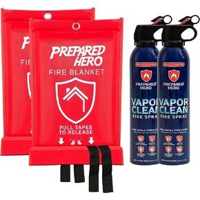بطانية حريق الطوارئ المجهزة من Hero + بخاخ حريق Vapor Clean، عبوتين - طفاية للمنزل والمطبخ والمركبات والتخييم in Kuwait