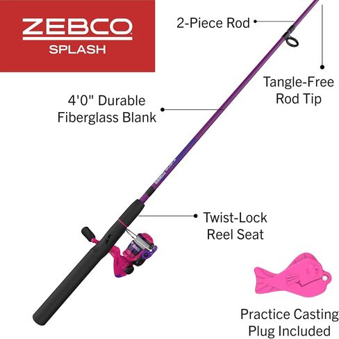Zebco Splash Junior Spinning Reel and Fishing Rod Combo, 4-Foot 2-Piece Fishing Pole, Size 10 Reel, Changeable Right- or Left-Hand Retrieve, Pre-Spooled with 6-Pound Zebco Line, Pink in Saudi Arabia