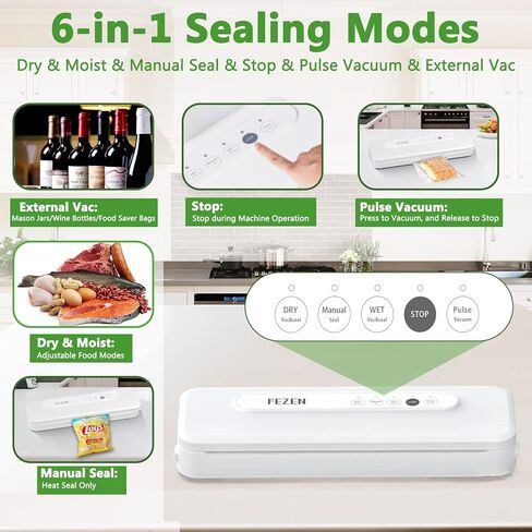 Fezen Food Saver Vacuum Sealer Machine, Compact Food Sealer Design, Automatic Air Sealing System w/ Pulse Function for Food Saver and Food Storage, Keep Food Fresh, Dry & Moist Food Modes, Small & Portable, Easy to Clean in Kuwait