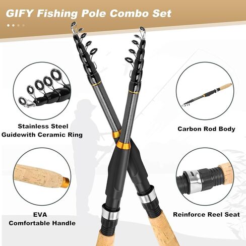 Fishing Pole and Reel Combo, 2PCS 1.8M/5.9Ft Telescopic Fishing Rod with Spinning Reel Lures Set,Fish Lip Gripper and Tackle Bag, Saltwater Freshwater Collapsible Fishing Kit for Beginner Adults in Kuwait