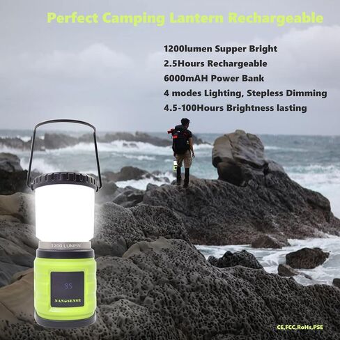 LED Camping Lantern Rechargeable,1200LM,4 Light Modes,Stepless dimming,6000mAh Power Bank with Display,Overcurrent Protection,IP65 Waterproof,Perfect for Hiking,Home and More,USB Type C Cable Included in Saudi Arabia