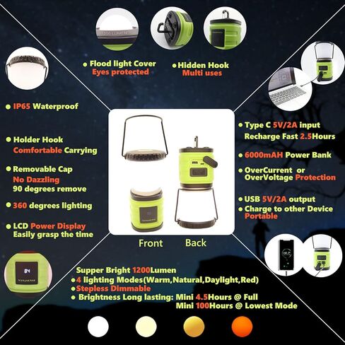 LED Camping Lantern Rechargeable,1200LM,4 Light Modes,Stepless dimming,6000mAh Power Bank with Display,Overcurrent Protection,IP65 Waterproof,Perfect for Hiking,Home and More,USB Type C Cable Included in Saudi Arabia