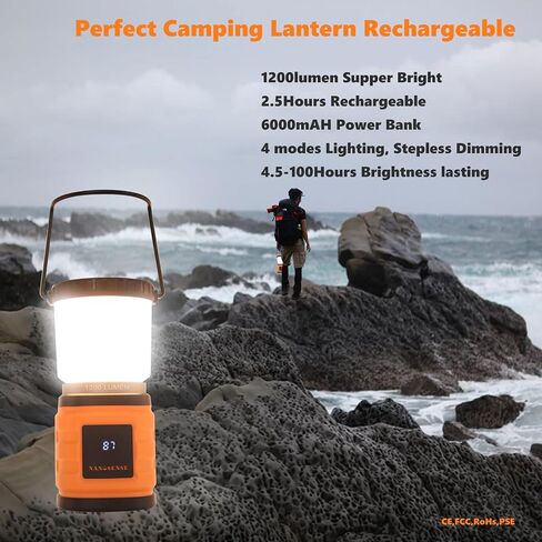 LED Camping Lantern Rechargeable,1200LM,4 Light Modes,Stepless dimming,6000mAh Power Bank with Display,Overcurrent Protection,IP65 Waterproof,Perfect for Hiking,Home and More,USB Type C Cable Included in Saudi Arabia