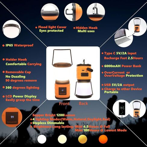 LED Camping Lantern Rechargeable,1200LM,4 Light Modes,Stepless dimming,6000mAh Power Bank with Display,Overcurrent Protection,IP65 Waterproof,Perfect for Hiking,Home and More,USB Type C Cable Included in Saudi Arabia