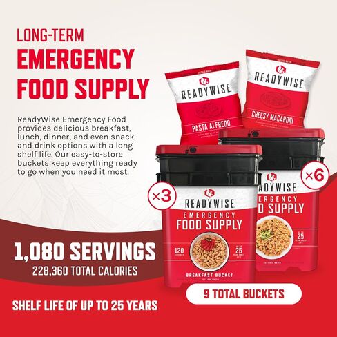 ReadyWise Emergency Food Supply - 360 Servings, 3 Buckets, Freeze Dried & Dehydrated Package of Long Term Meals, Survival Kit for Camping, Prepper Food Storage Supplies, up to 25 Year Shelf Life in Kuwait