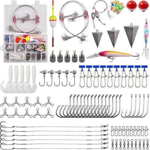 مجموعة أدوات صيد الأسماك في المياه المالحة - 138 قطعة من أدوات صيد الأسماك في المياه المالحة تتضمن ثقوب هرمية منزلقة وأوزان البيض ورؤوس تهزهز صيد الأسماك في المياه العذبة وخطافات طُعم ودوارة وقفل مزدوج وخرز مجموعة أسماك in Kuwait