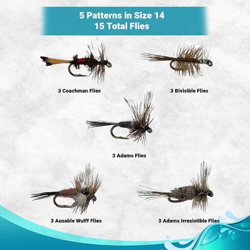 Feeder Creek Fly Fishing Lures Assortment, 15 Dry Flies for Trout, Bass, Salmons & Other Freshwater Fish, 5 Patterns (3 of Each), Size 14 Adams, Coachman, Wulff, Bivisible in Saudi Arabia