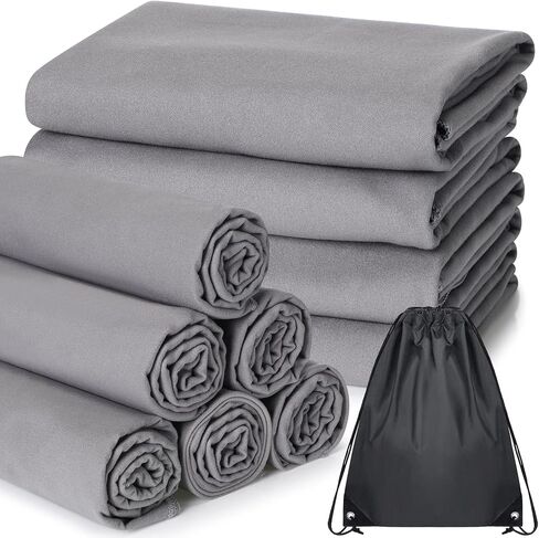8 Pcs Microfiber Camping Towels Water Absorbent Fast Drying Microfiber Travel Towel Lightweight Compact Soft Gym Towel with 1 Waterproof Polyester Drawstring Bag for Camping Beach Gym Sport Yoga Swim in Saudi Arabia