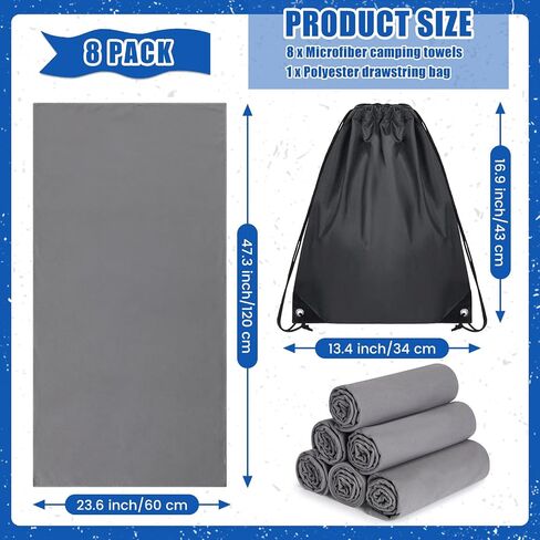 8 Pcs Microfiber Camping Towels Water Absorbent Fast Drying Microfiber Travel Towel Lightweight Compact Soft Gym Towel with 1 Waterproof Polyester Drawstring Bag for Camping Beach Gym Sport Yoga Swim in Saudi Arabia
