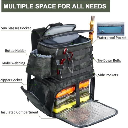 MATEIN Fishing Backpack, Tackle Storage Bag with Rod Holders & Cooler | Water Resistant Fishing Bag Fits 4 3600 Trays, Large Wide Open Tackle Box Backpack, Gifts for Fishermen in Kuwait