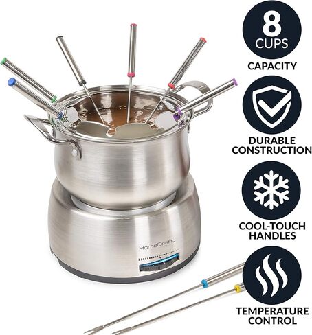 طقم أوعية الفوندو الكهربائية من نوستالجيا 8 أكواب للجبن والشوكولاتة - 8 شوكات مرمزة بالألوان، تحكم في درجة الحرارة قابل للتعديل - خدمة أنيقة للمقبلات والمقبلات والحلويات - من الفولاذ المقاوم للصدأ in Kuwait