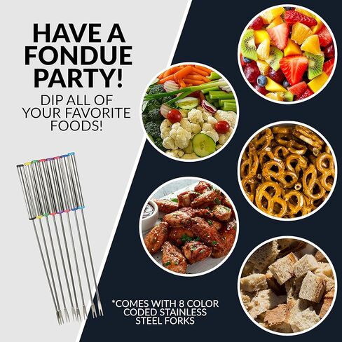 طقم أوعية الفوندو الكهربائية من نوستالجيا 8 أكواب للجبن والشوكولاتة - 8 شوكات مرمزة بالألوان، تحكم في درجة الحرارة قابل للتعديل - خدمة أنيقة للمقبلات والمقبلات والحلويات - من الفولاذ المقاوم للصدأ in Kuwait