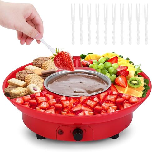 فوندو الشوكولاتة الكهربائية، صانع نافورة الشوكولاتة، صينية تقديم قابلة للإزالة ومجموعة وعاء فوندو الحلوى الكهربائية الفاخرة مع 4 شوك - رائعة لتغميس الوجبات الخفيفة والمارشميلو والخبز في الشوكولاتة والجبن in Kuwait