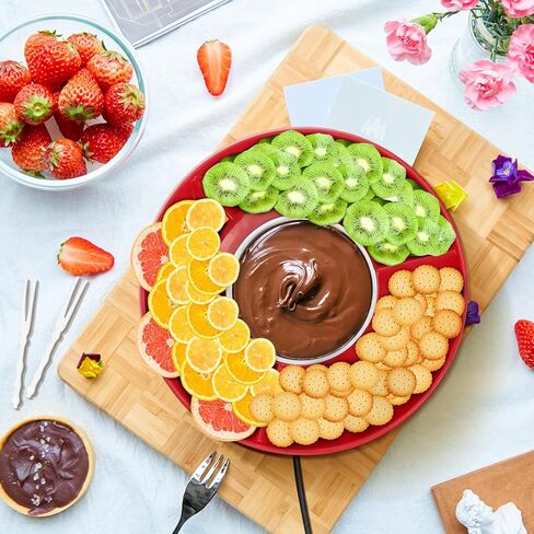 فوندو الشوكولاتة الكهربائية، صانع نافورة الشوكولاتة، صينية تقديم قابلة للإزالة ومجموعة وعاء فوندو الحلوى الكهربائية الفاخرة مع 4 شوك - رائعة لتغميس الوجبات الخفيفة والمارشميلو والخبز في الشوكولاتة والجبن in Kuwait