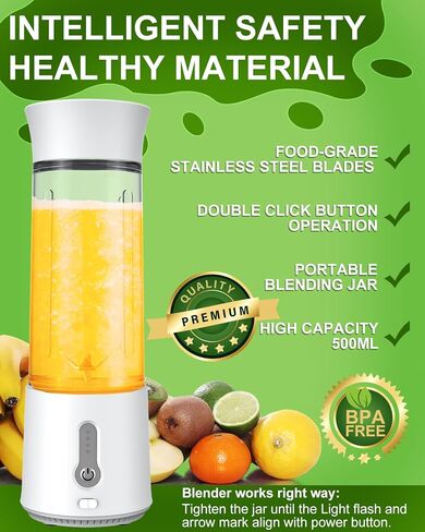 Portable Blender for Shakes and Smoothies, 17 Oz Personal Size Blenders Ultra Sharp 6 Blades Portable Blender, USB Rechargeable Personal Blender with BPA Free, Mini Blender for Sports/Travel/Home/Gym/Office in Saudi Arabia