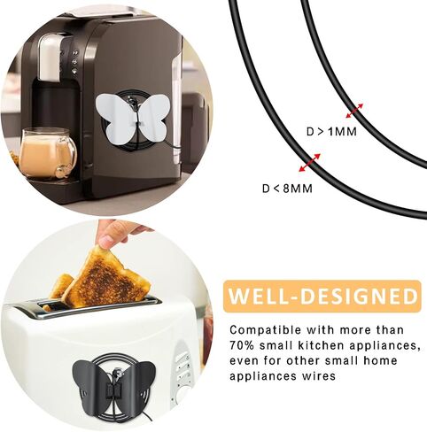8 قطع منظم الحبل للأجهزة، منظم سلك الفراشة لأجهزة المطبخ يلتصق عليها، حامل سلك ملفوف ملفوف لخلاط الحامل، صانع القهوة، مقلاة الهواء، طنجرة ضغط (أسود + أبيض) in Kuwait