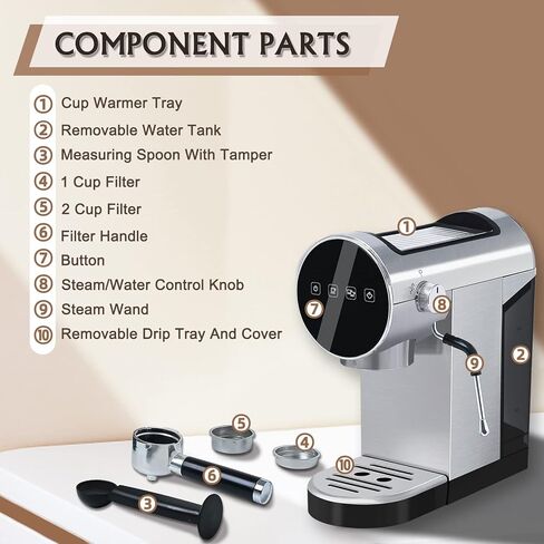 ماكينة اسبريسو سكاي هومو، ماكينة صنع قهوة اسبريسو 20 بار مع جهاز بخار الحليب، ماكينة صنع اسبريسو وكابتشينو لاتيه، ماكينة قهوة اسبريسو مع لوحة لمس رقمية، 1250 وات، ستانلس ستيل in Kuwait