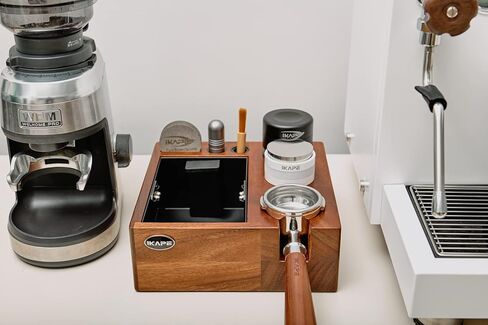 IKAPE V2 Espresso Knock Box, 54MM Espresso Coffee Organizer Box Fit for Storage 51 to 54MM Espresso Tamper, Distributor, Portafilter & Puck Screen Accessories, Natural Walnut Station Base (8 IN One) in Kuwait