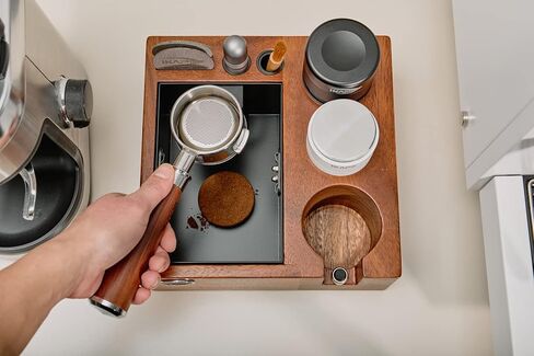 IKAPE V2 Espresso Knock Box, 54MM Espresso Coffee Organizer Box Fit for Storage 51 to 54MM Espresso Tamper, Distributor, Portafilter & Puck Screen Accessories, Natural Walnut Station Base (8 IN One) in Kuwait