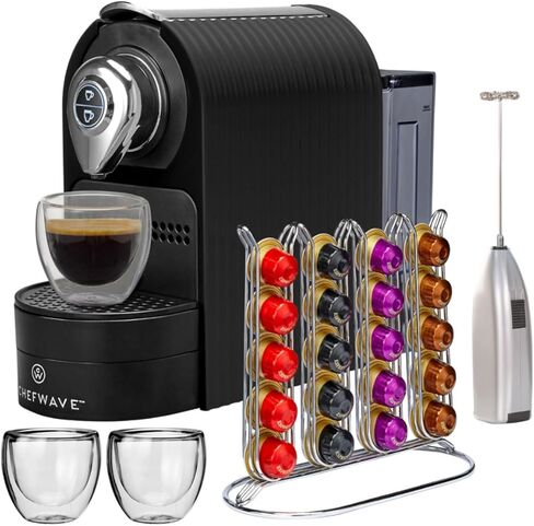 ماكينة إسبرسو شيف ويف متوافقة مع كبسولات نسبرسو (أسود) مع حامل كبسولات، وحزمة كوبين زجاجيين مع رغوة الحليب المحمولة (عنصران) in Kuwait