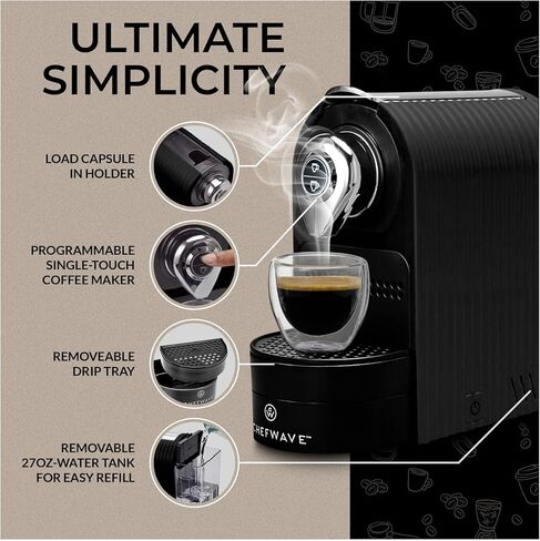 ماكينة إسبرسو شيف ويف متوافقة مع كبسولات نسبرسو (أسود) مع حامل كبسولات، وحزمة كوبين زجاجيين مع رغوة الحليب المحمولة (عنصران) in Kuwait