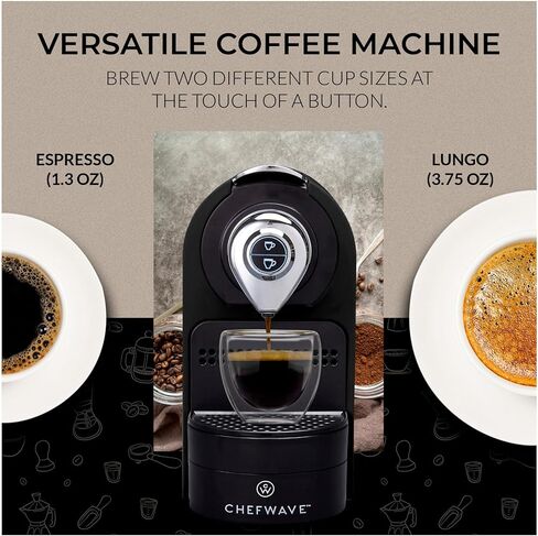 ماكينة إسبرسو شيف ويف متوافقة مع كبسولات نسبرسو (أسود) مع حامل كبسولات، وحزمة كوبين زجاجيين مع رغوة الحليب المحمولة (عنصران) in Kuwait