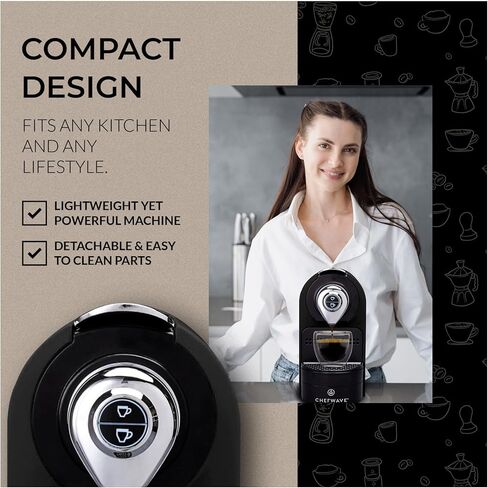 ماكينة إسبرسو شيف ويف متوافقة مع كبسولات نسبرسو (أسود) مع حامل كبسولات، وحزمة كوبين زجاجيين مع رغوة الحليب المحمولة (عنصران) in Kuwait