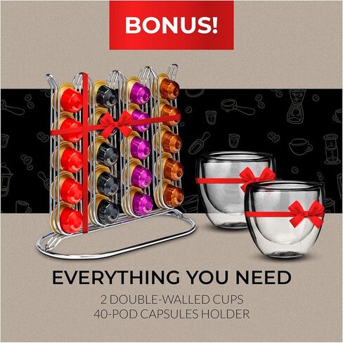 ماكينة إسبرسو شيف ويف متوافقة مع كبسولات نسبرسو (أسود) مع حامل كبسولات، وحزمة كوبين زجاجيين مع رغوة الحليب المحمولة (عنصران) in Kuwait