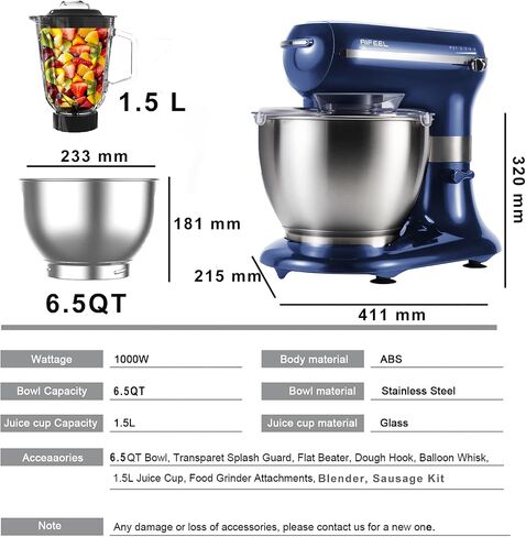 AIFEEL Stand Mixer, 800W Multifunction Electric Stand Mixer with 6.5 QT Stainless Steel Bowl,Meat Grinder,Dough Hook, Whisk, Beater,Juice Cup in Saudi Arabia