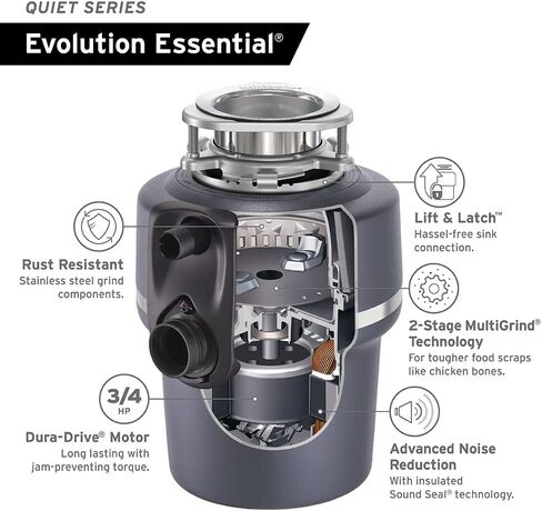 InSinkErator Garbage Disposal with Power Cord & Air Switch, Evolution Essential XTR, Quiet Series, 3/4 HP Continuous Feed, Gray in Saudi Arabia