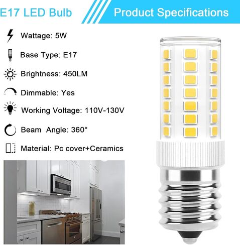 مصابيح LED E17 قابلة للتعتيم بقدرة 5 وات في الميكروويف فوق لمبة الموقد، مكافئة 40 وات، ضوء النهار الأبيض 6000 ك، مناسب لأفران الميكروويف ويرلبول مايتاج GE كينمور LG، يستبدل 8206232A 1890433 AP4512653، عبوتان in Kuwait