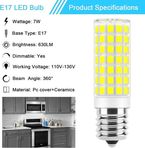 مصابيح LED E17 قابلة للتعتيم بقدرة 5 وات في الميكروويف فوق لمبة الموقد، مكافئة 40 وات، ضوء النهار الأبيض 6000 ك، مناسب لأفران الميكروويف ويرلبول مايتاج GE كينمور LG، يستبدل 8206232A 1890433 AP4512653، عبوتان in Kuwait