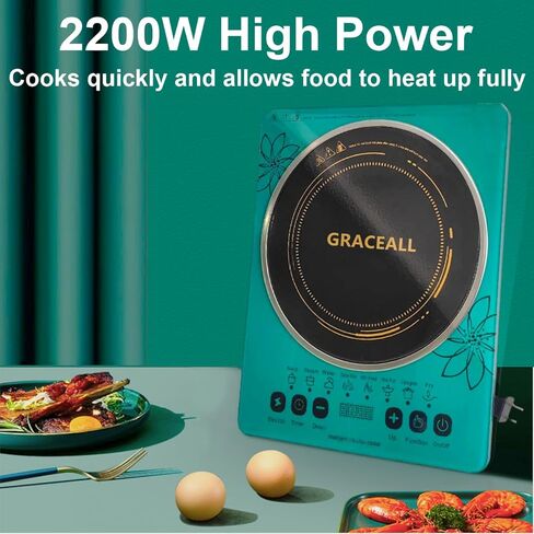 GRACEALL كونترتوب التعريفي موقد كهربائي محمول موقد طباخ واحد موقد كهربائي لوح تسخين للطهي، 2200 واط 110-120 فولت سطح طهي أخضر مع شاشة تعمل باللمس ومؤقت in Kuwait