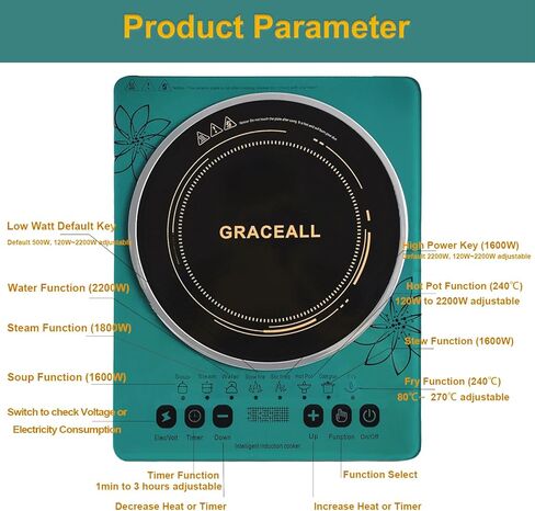 GRACEALL كونترتوب التعريفي موقد كهربائي محمول موقد طباخ واحد موقد كهربائي لوح تسخين للطهي، 2200 واط 110-120 فولت سطح طهي أخضر مع شاشة تعمل باللمس ومؤقت in Kuwait
