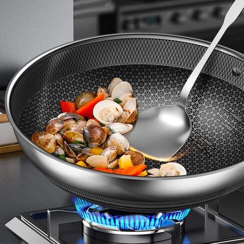 ROBMET 12.6 Inch Stainless Steel Nonstick Wok Pan with Lid, Stir Fry Honeycomb Wok, Cooking Wok Skillet for Gas Cooktops, Induction, Electric Stove, Dishwasher Safe in Saudi Arabia