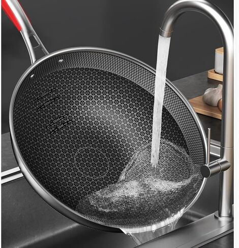 ROBMET 12.6 Inch Stainless Steel Nonstick Wok Pan with Lid, Stir Fry Honeycomb Wok, Cooking Wok Skillet for Gas Cooktops, Induction, Electric Stove, Dishwasher Safe in Saudi Arabia