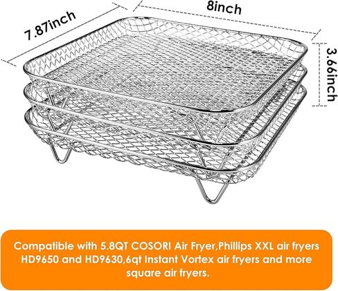 رف مقلاة هوائية مقاس 8 بوصات، 3 رف مقلاة هوائية مربع من الفولاذ المقاوم للصدأ قابل للتكديس متوافق مع دوامة فورية، فيليبس، مقلاة هوائية كوسوري، تناسب جميع ملحقات مقلاة الهواء 4.2QT - 5.8QT in Kuwait