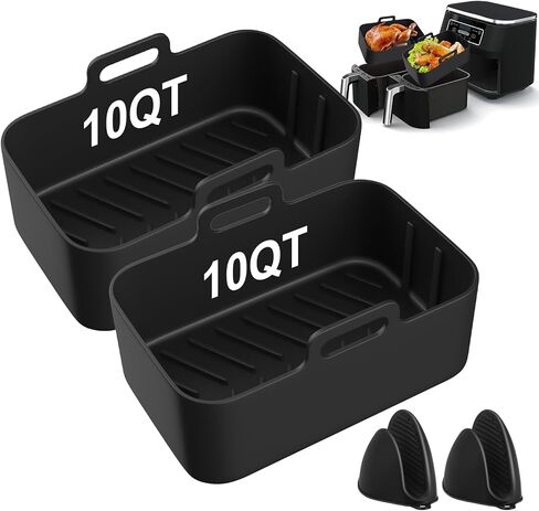 2PCS Air Fryer Silicone Pot for Ninja Foodi Dual DZ201, Reusable Air Fryer Liner for Ninja 8QT with Mitts Basket Accessories (Black) in Kuwait
