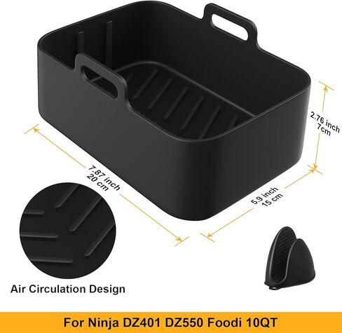 2PCS Air Fryer Silicone Pot for Ninja Foodi Dual DZ201, Reusable Air Fryer Liner for Ninja 8QT with Mitts Basket Accessories (Black) in Kuwait