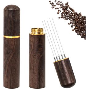 Espresso Coffee Stirrer, Espresso Distribution Tool Coffee Stirring Tool,Professional Barista Hand Needle Type Distribution Tool 5 Needles 0.4mm Natural Wood Handle and Stand
