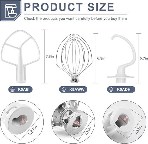 Mixer Aid Attachments Including K5AB Coated Flat Beater&K5ADH Dough Hook for Kitchen Stand Mixer&K5AWW Wire Whip Perfect for 5 Quart Kitchen Mixers Aid Attachments by MIFLUS in Kuwait