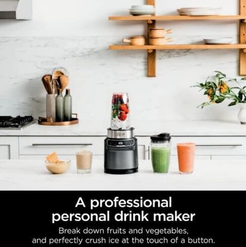 خلاط شخصي مدمج من نينجا BN401-A نوتري برو، تقنية Auto-iQ، 1100 واط، للمشروبات المجمدة والعصائر والصلصات والمزيد، مع (2) 32 أونصة. أكواب وأغطية فوهة الشرب، رمادي (2) 32 أونصة. أكواب سهلة الاستخدام، رمادي غامق) in Kuwait