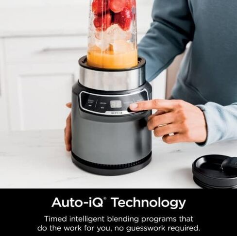 خلاط شخصي مدمج من نينجا BN401-A نوتري برو، تقنية Auto-iQ، 1100 واط، للمشروبات المجمدة والعصائر والصلصات والمزيد، مع (2) 32 أونصة. أكواب وأغطية فوهة الشرب، رمادي (2) 32 أونصة. أكواب سهلة الاستخدام، رمادي غامق) in Kuwait