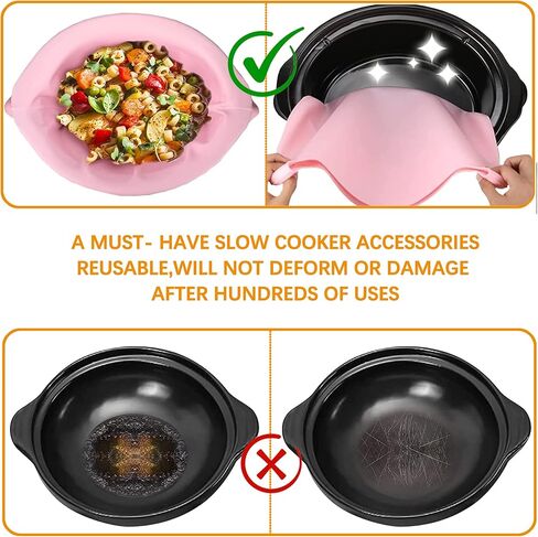 EANLOLY 4 عبوات من بطانات الطبخ البطيء السيليكون، بطانات وعاء الفخار مانعة للتسرب وسهلة التنظيف، بطانات أكياس سيليكون قابلة لإعادة الاستخدام تناسب 6-8 كوارت وعاء بيضاوي أو مستدير in Kuwait