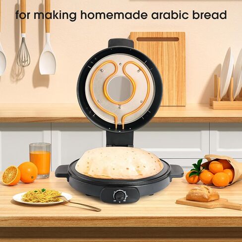 آلة فرن صنع البيتزا من Blessny، صانع الخبز العربي الكهربائي للمطبخ المنزلي، مع ضبط درجة الحرارة، قابس أمريكي 110 فولت/60 هرتز 1500 وات، 12 بوصة (أسود) in Kuwait