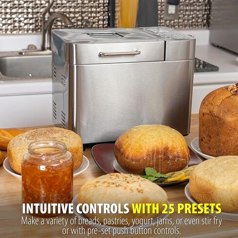 ماكينة صنع الخبز ديكو شيف 0.94 كجم من الفولاذ المقاوم للصدأ مع 25 برنامج طبخ ذكي وإكسسوارات متضمنة، كوب قياس، ملعقة قياس مزدوجة الجوانب، مجداف عجين وخطاف معجون وقفاز فرن in Kuwait
