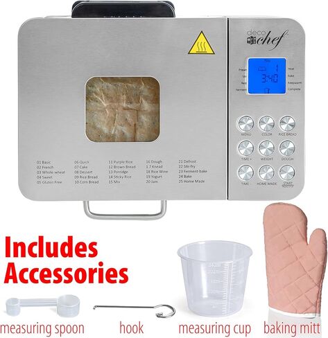 ماكينة صنع الخبز ديكو شيف 0.94 كجم من الفولاذ المقاوم للصدأ مع 25 برنامج طبخ ذكي وإكسسوارات متضمنة، كوب قياس، ملعقة قياس مزدوجة الجوانب، مجداف عجين وخطاف معجون وقفاز فرن in Kuwait